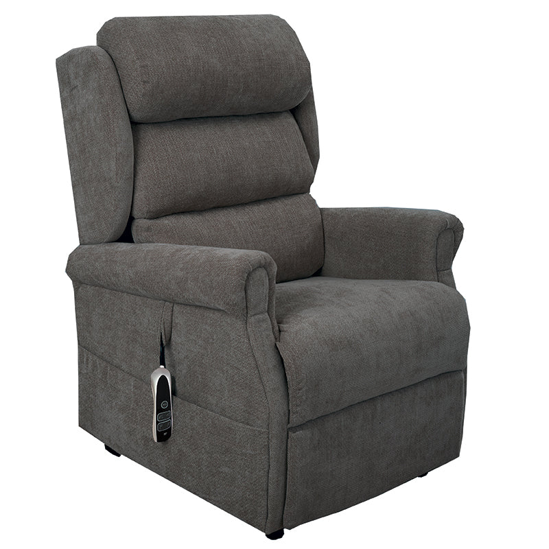 The Dinsdale Independent Dual-Motor Riser Recliner Chair offers ultimate comfort with independent backrest and footrest adjustment, a USB charging port, twin magazine pockets, and handy fabric hooks for easy control access.