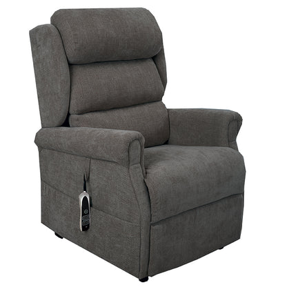 The Dinsdale Independent Dual-Motor Riser Recliner Chair offers ultimate comfort with independent backrest and footrest adjustment, a USB charging port, twin magazine pockets, and handy fabric hooks for easy control access.