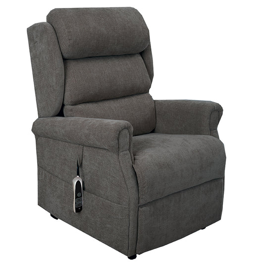 The Dinsdale Independent Dual-Motor Riser Recliner Chair offers ultimate comfort with independent backrest and footrest adjustment, a USB charging port, twin magazine pockets, and handy fabric hooks for easy control access._img