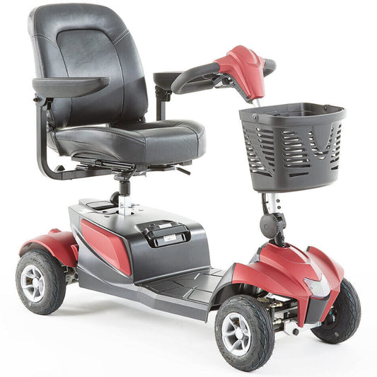 Aura Portable Travel Mobility Scooter with Lithium Battery Crimson Red with a basket on a white background_img