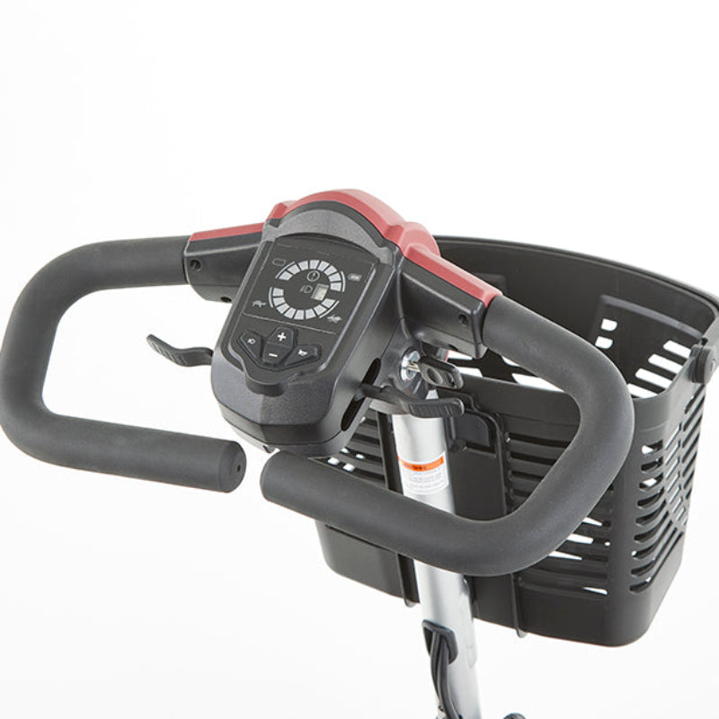 Aura Portable Travel Mobility Scooter with Lithium Battery handle and basket on a white background