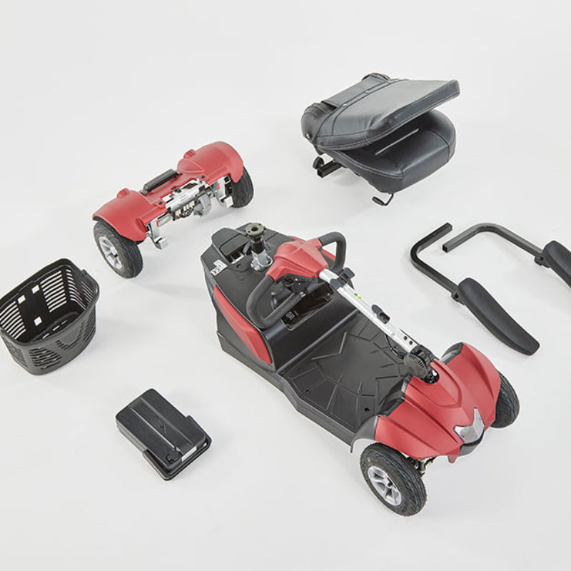 Disassembled Aura Portable Travel Mobility Scooter with Lithium Battery on a white background