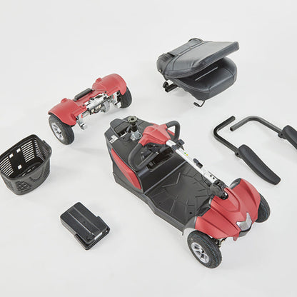 Disassembled Aura Portable Travel Mobility Scooter with Lithium Battery on a white background
