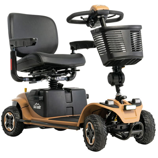 The Baja Bandit Mobility Scooter is the first of its kind in the UK, and it is created for those who seeking adventure. Its superior suspension and innovative braking system make it ideal for tackling rough terrain. Off-road travel is a breeze with 9.4" tyres front and rear, offering grip at speeds of up to 8mph. Powered by lightweight lithium batteries, the Baja Bandit gives all-day performance without adding weight, supporting a user weight of up to 28 stone._img
