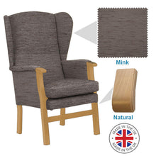 Load image into Gallery viewer, Mobility-World-Ltd-UK-Burton-High-Back-Chair-Mink-Fabric-Natural-Wood