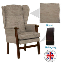 Load image into Gallery viewer, Mobility-World-Ltd-UK-Burton-High-Back-Chair-Stone-Fabric-Mahogany-Wood