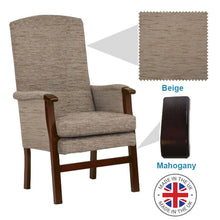 Load image into Gallery viewer, Mobility-World-Ltd-UK-Henley-High-Back-Chair-Beige-Fabric-Mahogany-Wood