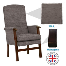 Load image into Gallery viewer, Mobility-World-Ltd-UK-Henley-High-Back-Chair-Mink-Fabric-Mahogany-Wood