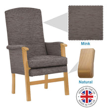 Load image into Gallery viewer, Mobility-World-Ltd-UK-Henley-High-Back-Chair-Mink-Fabric-Natural-Wood