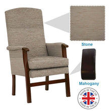 Load image into Gallery viewer, Mobility-World-Ltd-UK-Henley-High-Back-Chair-Stone-Fabric-Mahogany-Wood