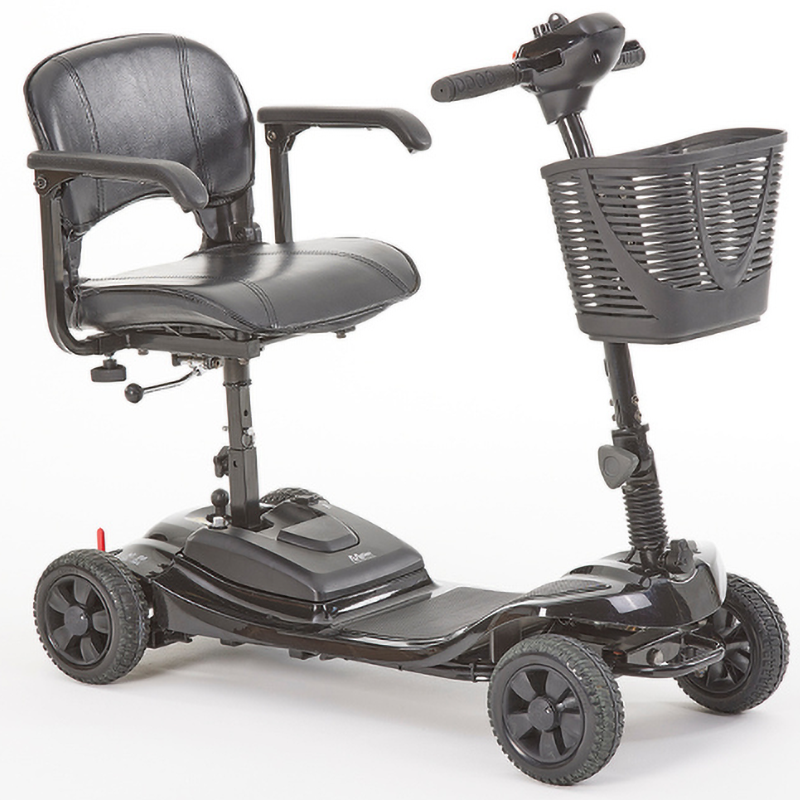 Inspired by our Lithilite and Alumina models, the affordable Airscape Portable Travel Scooter with Lithium Battery is perfect for new mobility users.  Lightweight and budget-friendly, it disassembles easily, with the heaviest part at 33 lbs. The 4.5 lb Lithium-ion battery supports up to 21 stone for 10 miles per charge.  Features include simple controls, a swivel seat, and flip-up armrests. Available in Black, the Airscape is a compact and valuable mobility solution.