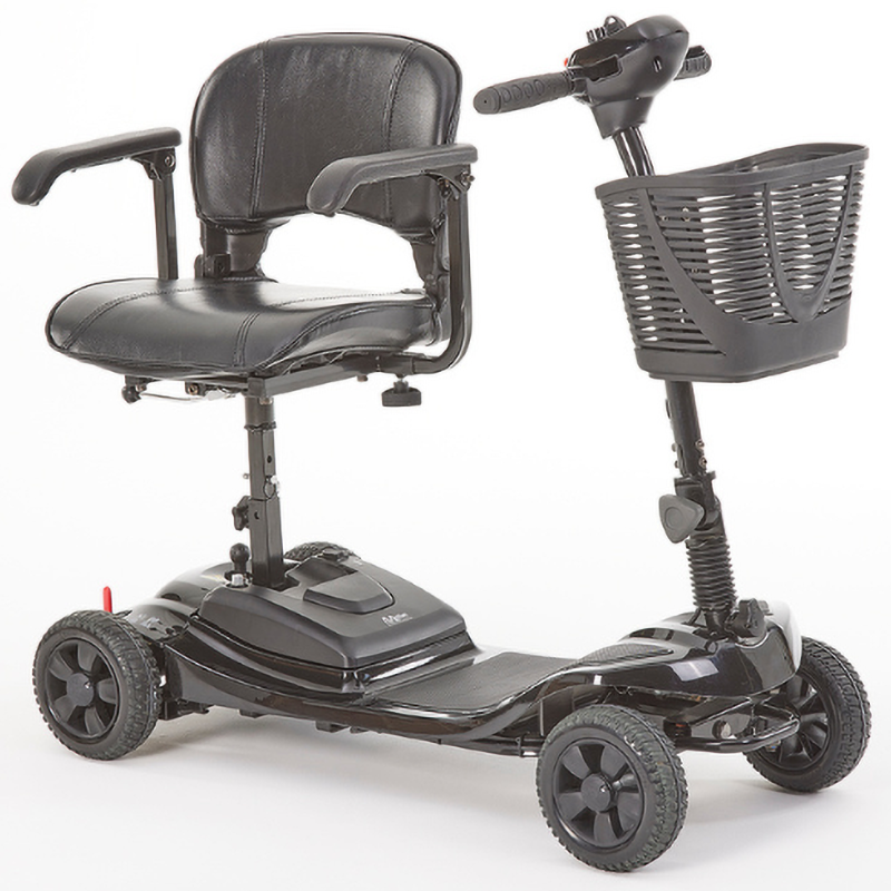 Inspired by our Lithilite and Alumina models, the affordable Airscape Portable Travel Scooter with Lithium Battery is perfect for new mobility users.  Lightweight and budget-friendly, it disassembles easily, with the heaviest part at 33 lbs. The 4.5 lb Lithium-ion battery supports up to 21 stone for 10 miles per charge.  Features include simple controls, a swivel seat, and flip-up armrests. Available in Black, the Airscape is a compact and valuable mobility solution.