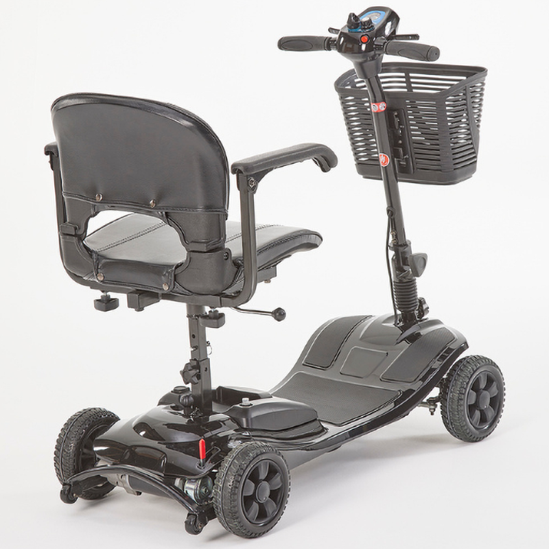 Inspired by our Lithilite and Alumina models, the affordable Airscape Portable Travel Scooter with Lithium Battery is perfect for new mobility users.  Lightweight and budget-friendly, it disassembles easily, with the heaviest part at 33 lbs. The 4.5 lb Lithium-ion battery supports up to 21 stone for 10 miles per charge.  Features include simple controls, a swivel seat, and flip-up armrests. Available in Black, the Airscape is a compact and valuable mobility solution.