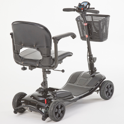 Inspired by our Lithilite and Alumina models, the affordable Airscape Portable Travel Scooter with Lithium Battery is perfect for new mobility users.  Lightweight and budget-friendly, it disassembles easily, with the heaviest part at 33 lbs. The 4.5 lb Lithium-ion battery supports up to 21 stone for 10 miles per charge.  Features include simple controls, a swivel seat, and flip-up armrests. Available in Black, the Airscape is a compact and valuable mobility solution.