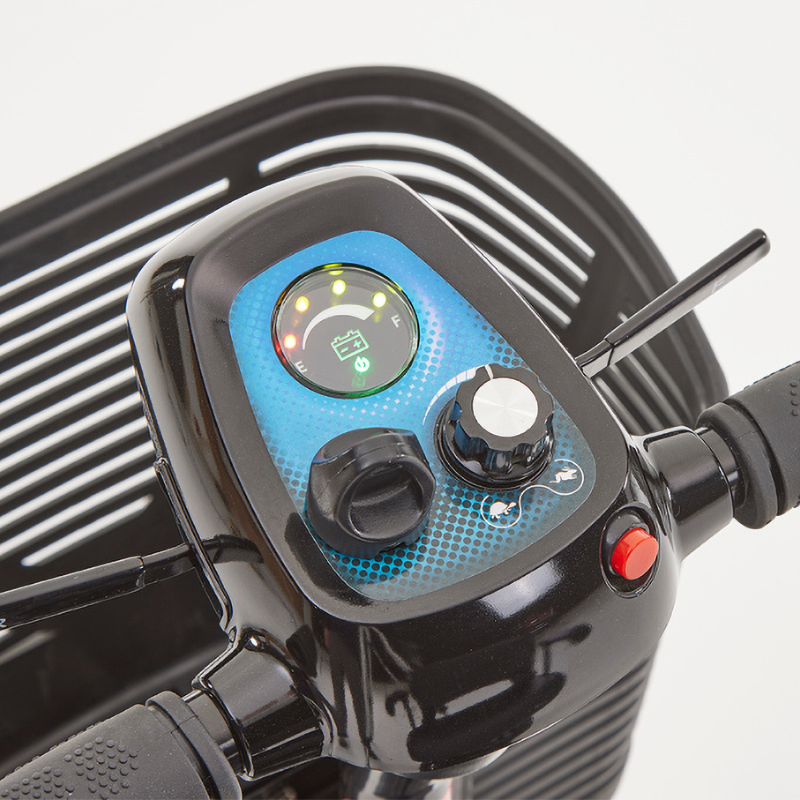 Inspired by our Lithilite and Alumina models, the affordable Airscape Portable Travel Scooter with Lithium Battery is perfect for new mobility users.  Lightweight and budget-friendly, it disassembles easily, with the heaviest part at 33 lbs. The 4.5 lb Lithium-ion battery supports up to 21 stone for 10 miles per charge.  Features include simple controls, a swivel seat, and flip-up armrests. Available in Black, the Airscape is a compact and valuable mobility solution.