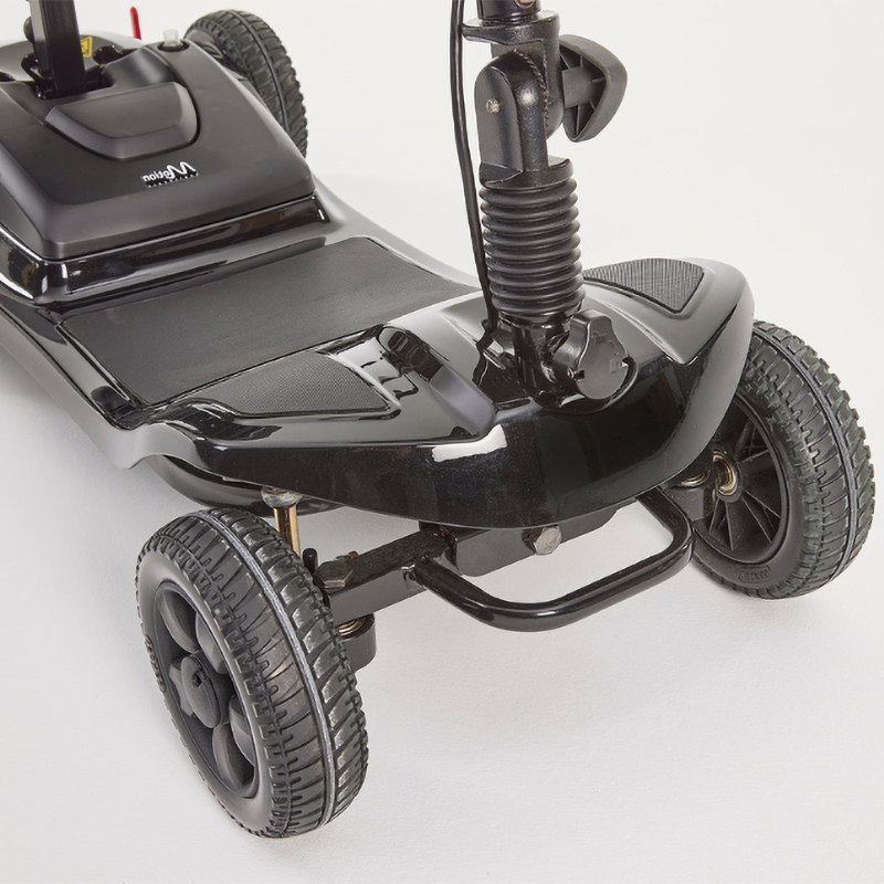 Inspired by our Lithilite and Alumina models, the affordable Airscape Portable Travel Scooter with Lithium Battery is perfect for new mobility users.  Lightweight and budget-friendly, it disassembles easily, with the heaviest part at 33 lbs. The 4.5 lb Lithium-ion battery supports up to 21 stone for 10 miles per charge.  Features include simple controls, a swivel seat, and flip-up armrests. Available in Black, the Airscape is a compact and valuable mobility solution.