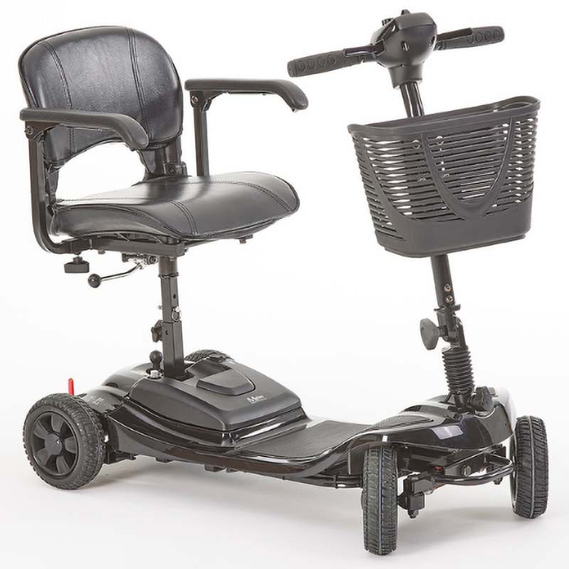 Inspired by our Lithilite and Alumina models, the affordable Airscape Portable Travel Scooter with Lithium Battery is perfect for new mobility users.  Lightweight and budget-friendly, it disassembles easily, with the heaviest part at 33 lbs. The 4.5 lb Lithium-ion battery supports up to 21 stone for 10 miles per charge.  Features include simple controls, a swivel seat, and flip-up armrests. Available in Black, the Airscape is a compact and valuable mobility solution.