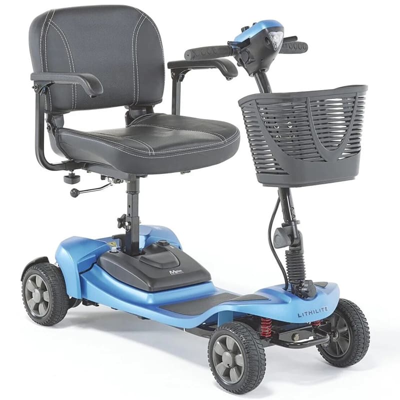 The Lithilite Air is a portable travel mobility scooter with advanced lithium battery technology and a durable steel frame. It supports a maximum user weight of 23.5 stone and offers a 10Ah battery for up to 10 miles on a single charge. With a top speed of 4 mph, it provides comfort and dependability for extended travel.
