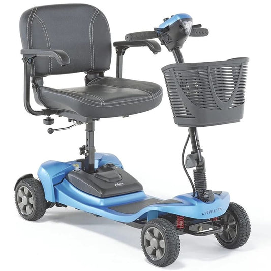 The Lithilite Air is a portable travel mobility scooter with advanced lithium battery technology and a durable steel frame. It supports a maximum user weight of 23.5 stone and offers a 10Ah battery for up to 10 miles on a single charge. With a top speed of 4 mph, it provides comfort and dependability for extended travel._img