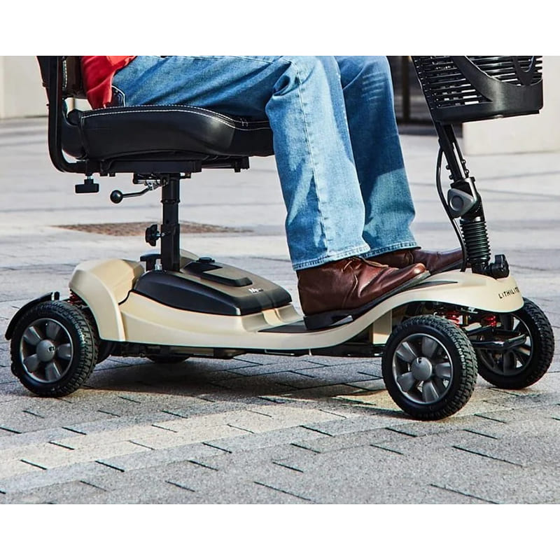 The Lithilite Air is a portable travel mobility scooter with advanced lithium battery technology and a durable steel frame. It supports a maximum user weight of 23.5 stone and offers a 10Ah battery for up to 10 miles on a single charge. With a top speed of 4 mph, it provides comfort and dependability for extended travel.