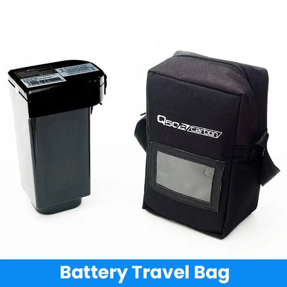 Quickie Q50 R Carbon Folding Powerchair Black battery travel bag with visible branding on a white background