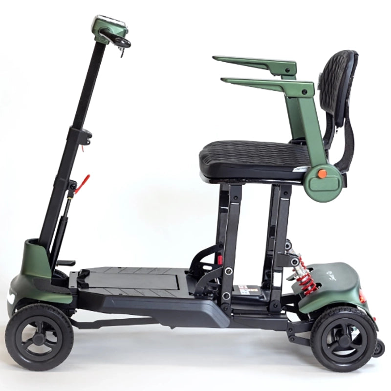 Side view green Smarti Plus Lightweight Auto-Folding Mobility Scooter with a seat on a white background