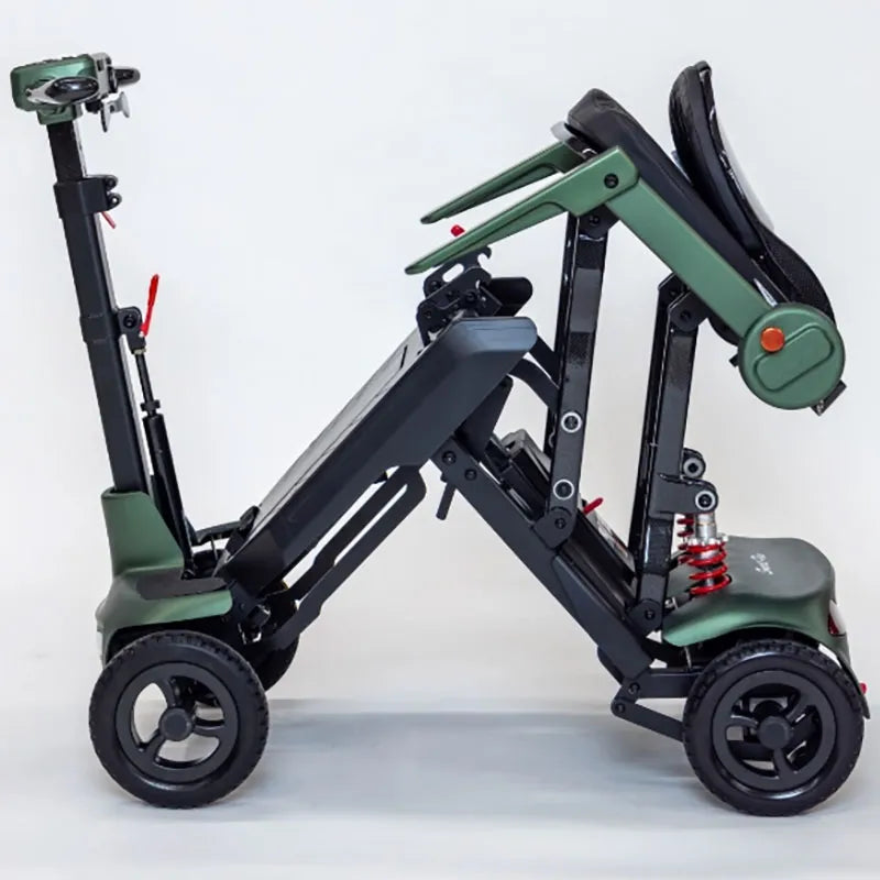Foldable Smarti Plus Lightweight Auto-Folding Mobility Scooter with green and black design on a white background