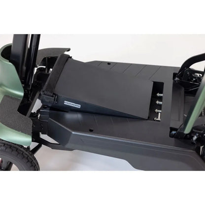 Close-up of Smarti Plus Lightweight Auto-Folding Mobility Scooter battery with visible branding on a white background