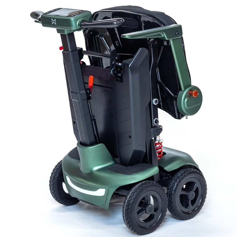 Folded green Smarti Plus Lightweight Auto-Folding Mobility Scooter on a white background