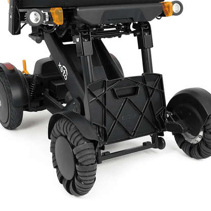 Close-up of XSTO M4 Pro Smart Self Balancing Powered Wheelchair foot pedal height adjusment with visible branding on a white background