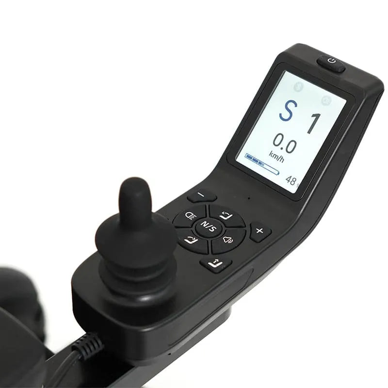 XSTO M4 Pro Smart Self Balancing Powered Wheelchair handle with digital display and control buttons on a white background