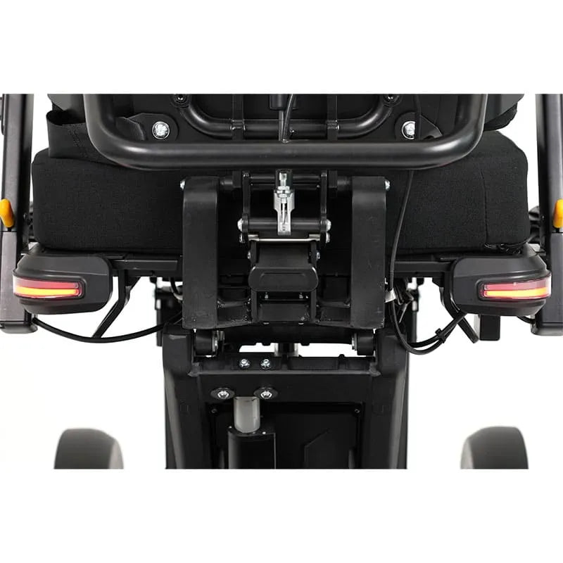 Close-up of XSTO M4 Pro Smart Self Balancing Powered Wheelchair with visible light omponents on a white background