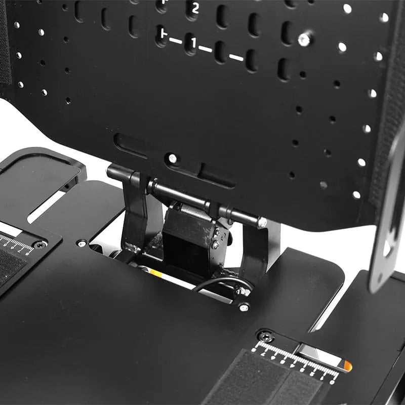 Close-up ofXSTO M4 Pro Smart Self Balancing Powered Wheelchair black metal bracket with multiple holes and attachments on a white background
