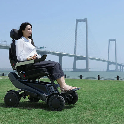 Person using Xsto X12 All-Terrain Mobility Robot Powered Wheelchair in a park with a bridge in the background