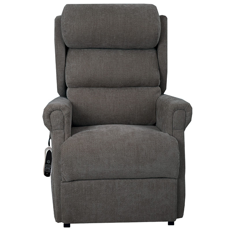 The Dinsdale Independent Dual-Motor Riser Recliner Chair offers ultimate comfort with independent backrest and footrest adjustment, a USB charging port, twin magazine pockets, and handy fabric hooks for easy control access.