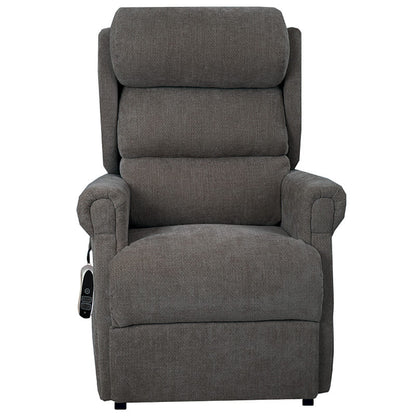 The Dinsdale Independent Dual-Motor Riser Recliner Chair offers ultimate comfort with independent backrest and footrest adjustment, a USB charging port, twin magazine pockets, and handy fabric hooks for easy control access.