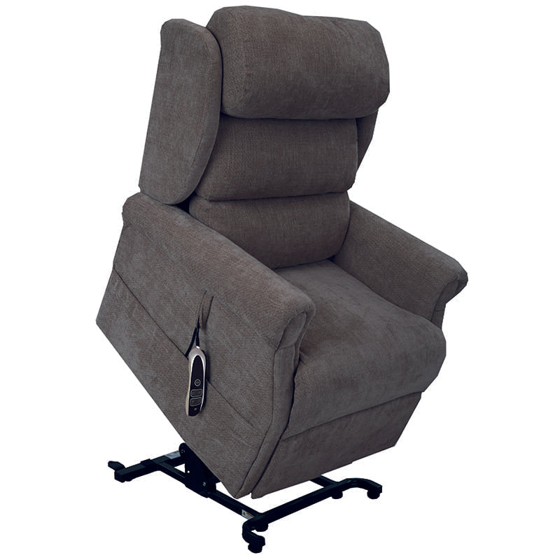 The Dinsdale Independent Dual-Motor Riser Recliner Chair offers ultimate comfort with independent backrest and footrest adjustment, a USB charging port, twin magazine pockets, and handy fabric hooks for easy control access.