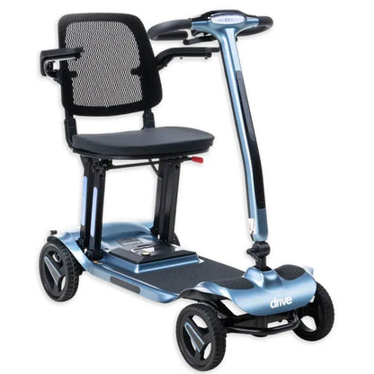 AeroMg Lightweight Folding Mobility Scooter Cobalt with a seat on a white background