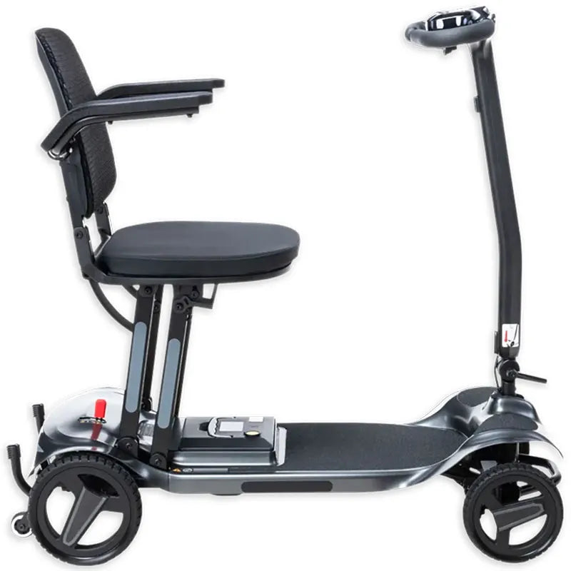 AeroMg Lightweight Folding Mobility Scooter Side View with a seat and handlebar on a white background