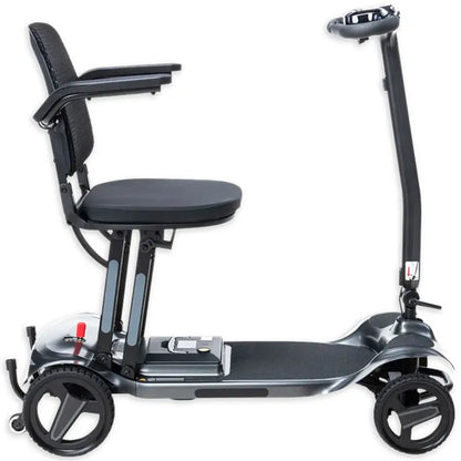 AeroMg Lightweight Folding Mobility Scooter Side View with a seat and handlebar on a white background
