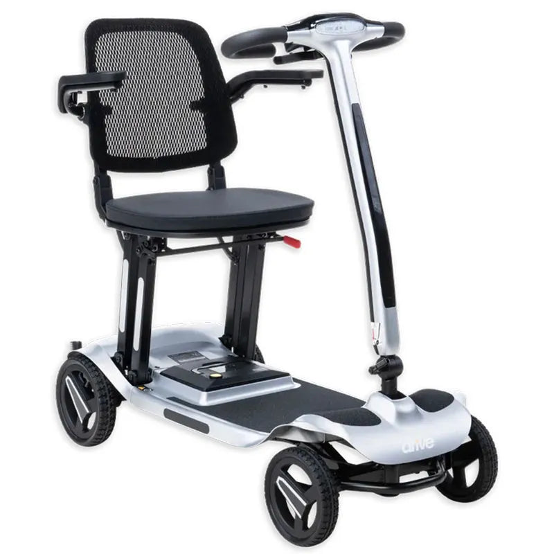 AeroMg Lightweight Folding Mobility Scooter Zinc with a seat on a white background