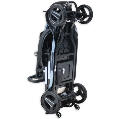 Folded AeroMg Lightweight Folding Mobility Scooter with wheels on a white background