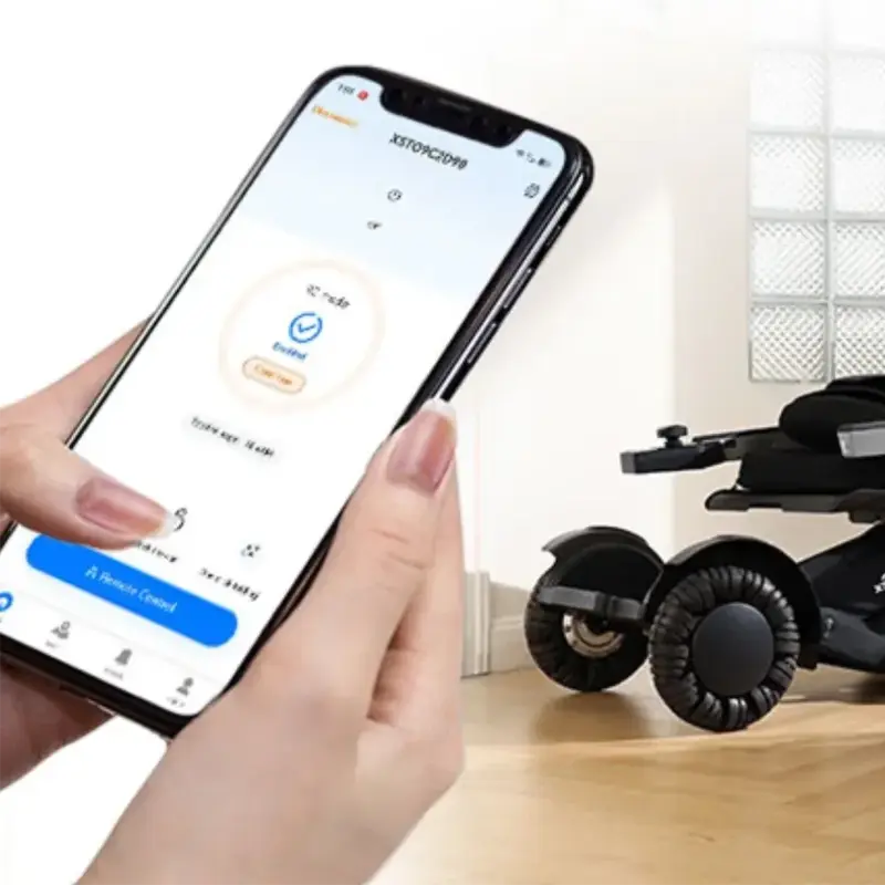 Person using a smartphone app with a  folded XSTO M4 Electric Powered Wheelchair in the background