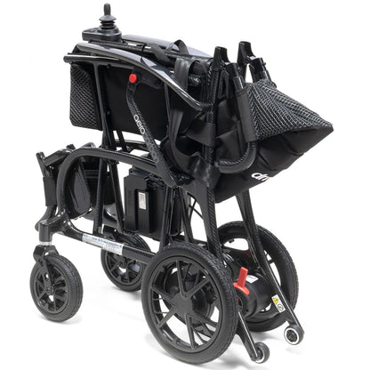 Black folded AeroCarbon Carbon Fibre Folding Powerchair Wheelchair on a white background