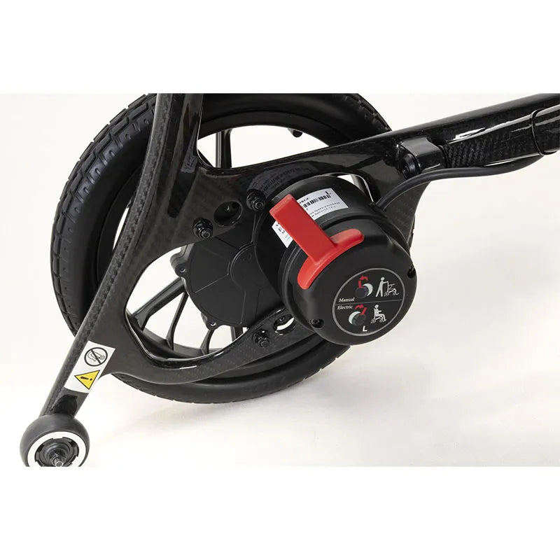 Close-up ofAeroCarbon Carbon Fibre Folding Powerchair Wheelchair wheel with a gear system on a white background