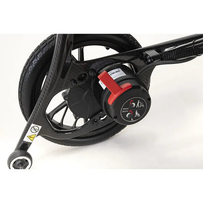 Close-up ofAeroCarbon Carbon Fibre Folding Powerchair Wheelchair wheel with a gear system on a white background