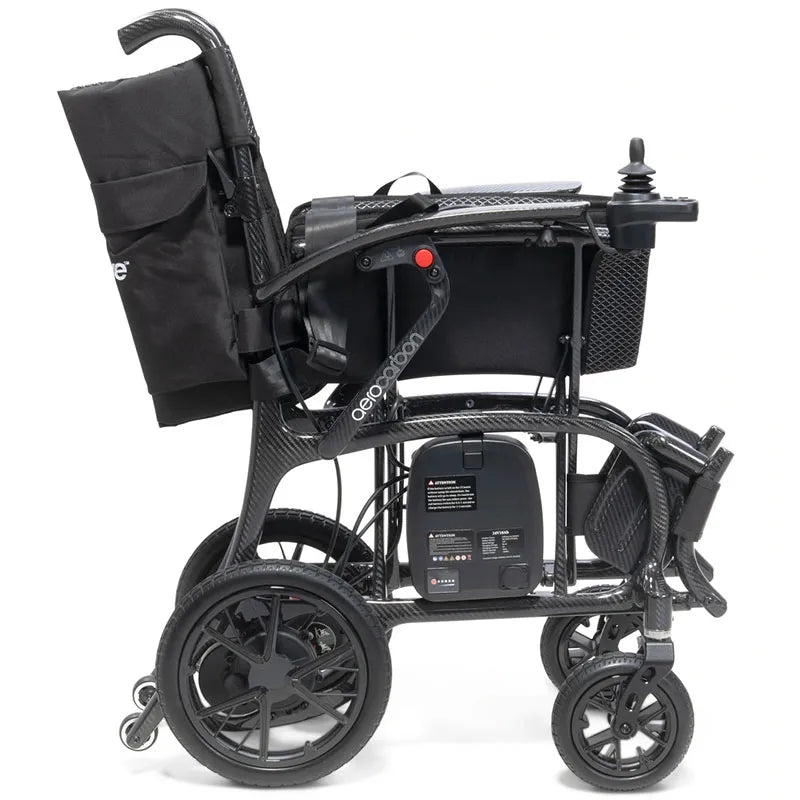 Black AeroCarbon Carbon Fibre Folding Powerchair Wheelchair side view on a white background