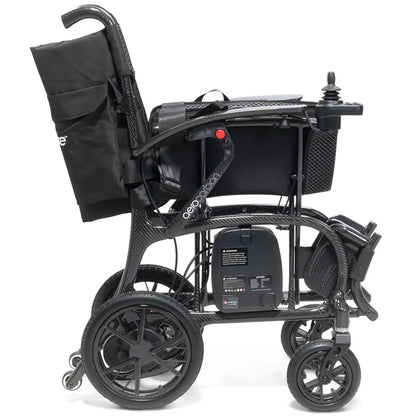 Black AeroCarbon Carbon Fibre Folding Powerchair Wheelchair side view on a white background