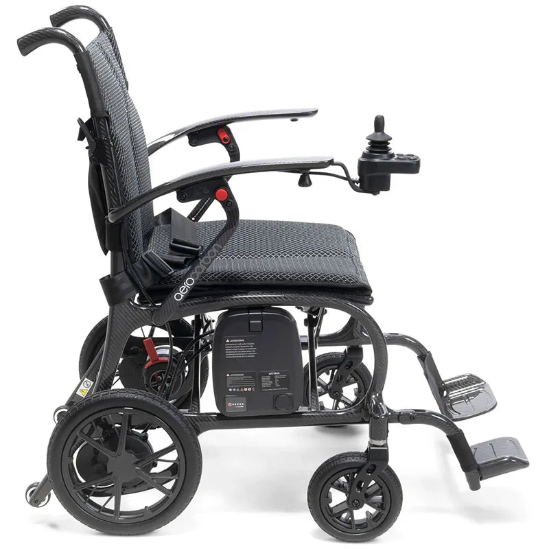 AeroCarbon Carbon Fibre Folding Powerchair Wheelchair side view on a white background