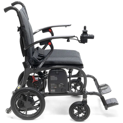 AeroCarbon Carbon Fibre Folding Powerchair Wheelchair side view on a white background